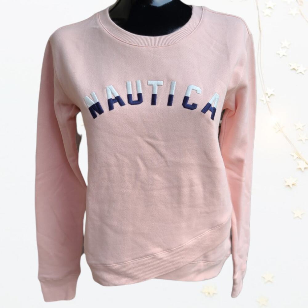Nautica Pink Crewneck Logo Crossover Hem Sweatshirt, size XSmall ~ NEW